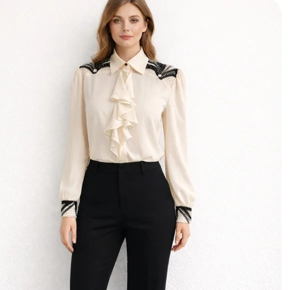 Bianca | Vintage Ivory Black Embellished Frill Blouse - Picture 1 of 8